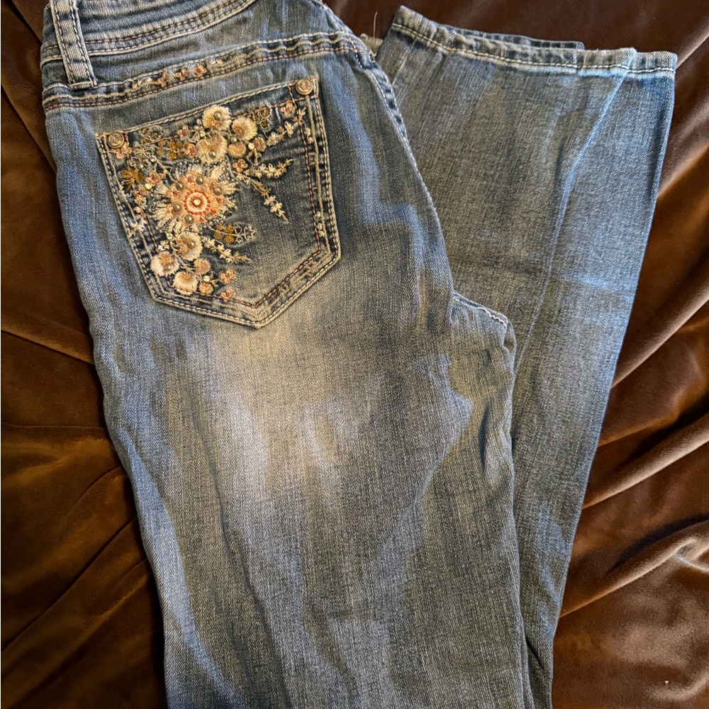 Grace in LA Blue Boot Cut Jeans with Distressed Look and Floral Design